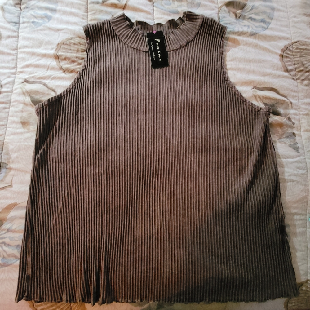 2X Plus Fenini Brown Ribbed Cotton Mock Turtleneck Tank Top